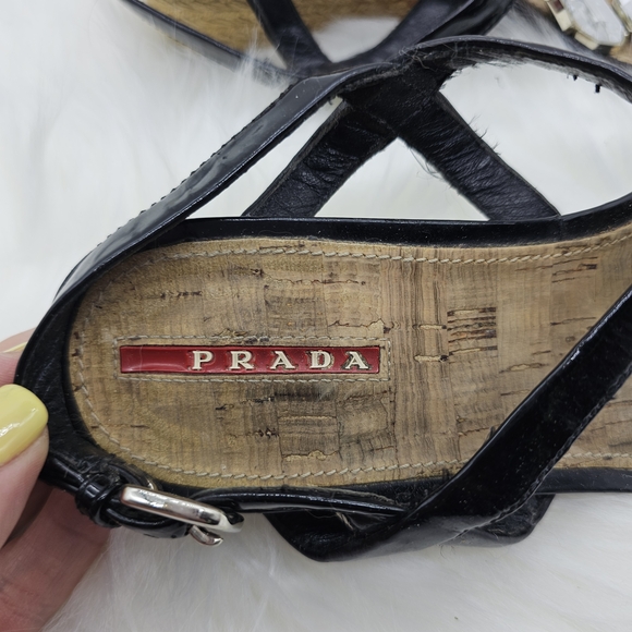 Prada Black Sandals Glossy Ankle Wrap Design - Picture 3 of 7